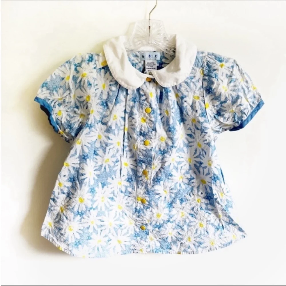 Gymboree girls top blue white Flower Party daisies vintage collar snaps